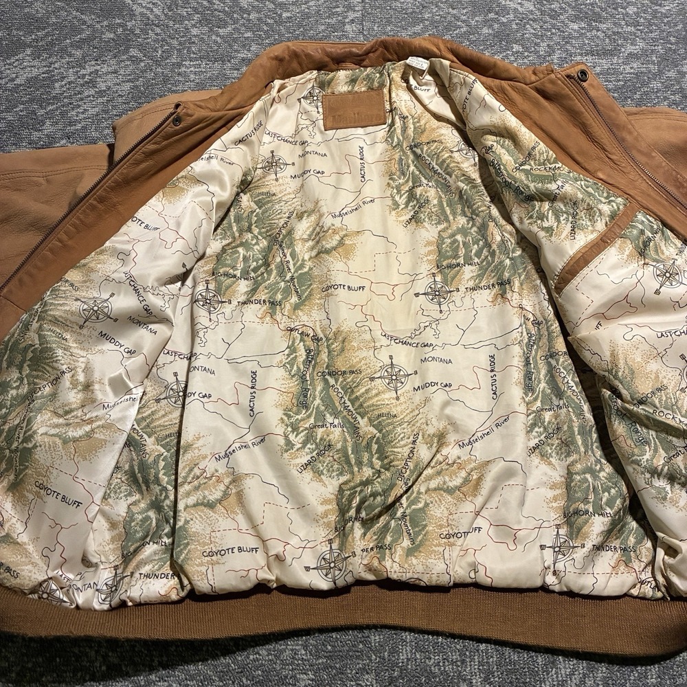 Marlboro Adventure Team Brown Leather Jacket Map Lined Men's L rare - Picture 11 of 13
